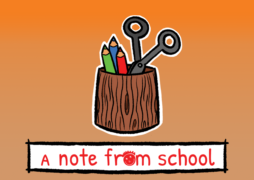 A brown, wooden pencil holder, holds three coloured pencils (red, green and blue), along with a pair of scissors.. The words "Great effort!" are styled below, and include the Rainbow Bridge Education face logo in red, replacing the "O".