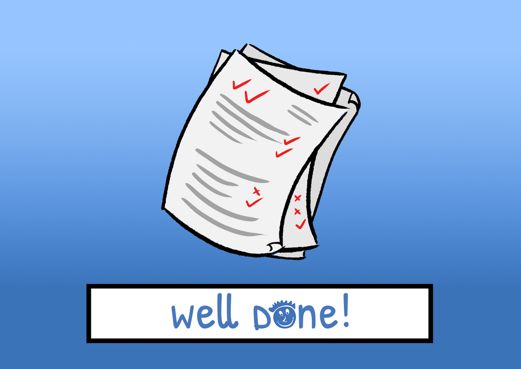 A set of marked test papers, set against a blue background. The words "Well Done!" are styled below, and include the Rainbow Bridge Education face logo in blue, replacing the "O".