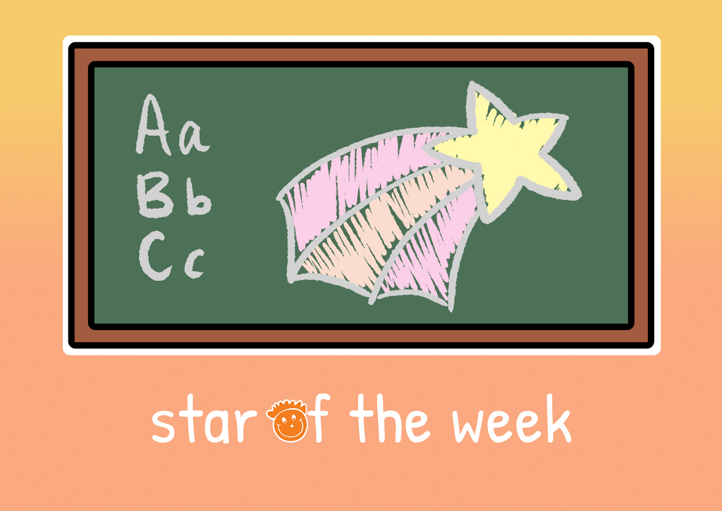 A blackboard, with the first three letters of the alphabet drawn in white chalk and with a yellow shooting star with a pink and peach tail next to them. The words "Star of the week" are styled below, and include the Rainbow Bridge Education face logo in orange, replacing the "O".