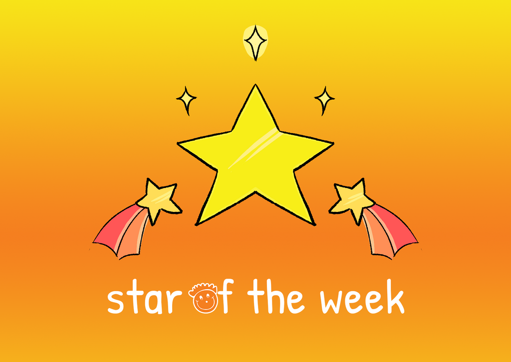 Multiple yellow shooting stars with red and orange trails are emblazoned across the postcard. The words "Star of the Week" are styled below, and include the Rainbow Bridge Education face logo in orange, replacing the "O".