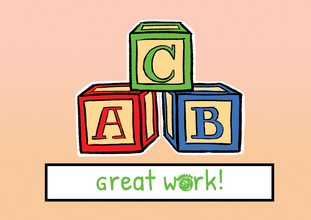 Three wooden blocks are stacked in the shape of a triangle, each depicting a letter of the alphabet (A, B and C). The blocks are red, blue and green respectively. The words "Great work!" are styled below, and include the Rainbow Bridge Education face logo in green, replacing the "O".