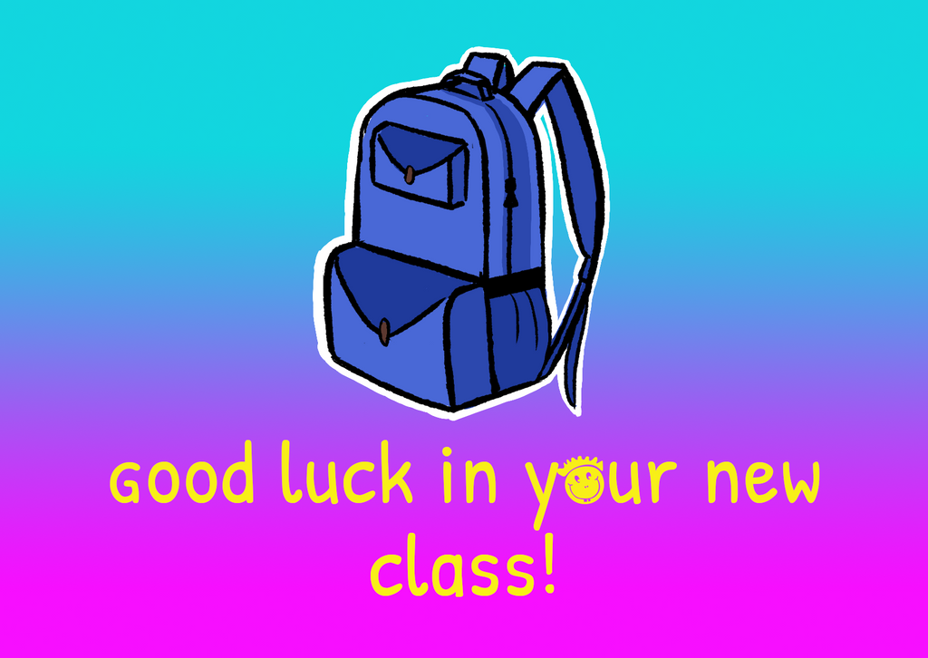 A blue child's backpack set against a background that grades from blue to purple horizontally. The words "Good luck in your new class!" are styled below, and include the Rainbow Bridge Education face logo in yellow replacing the "O".