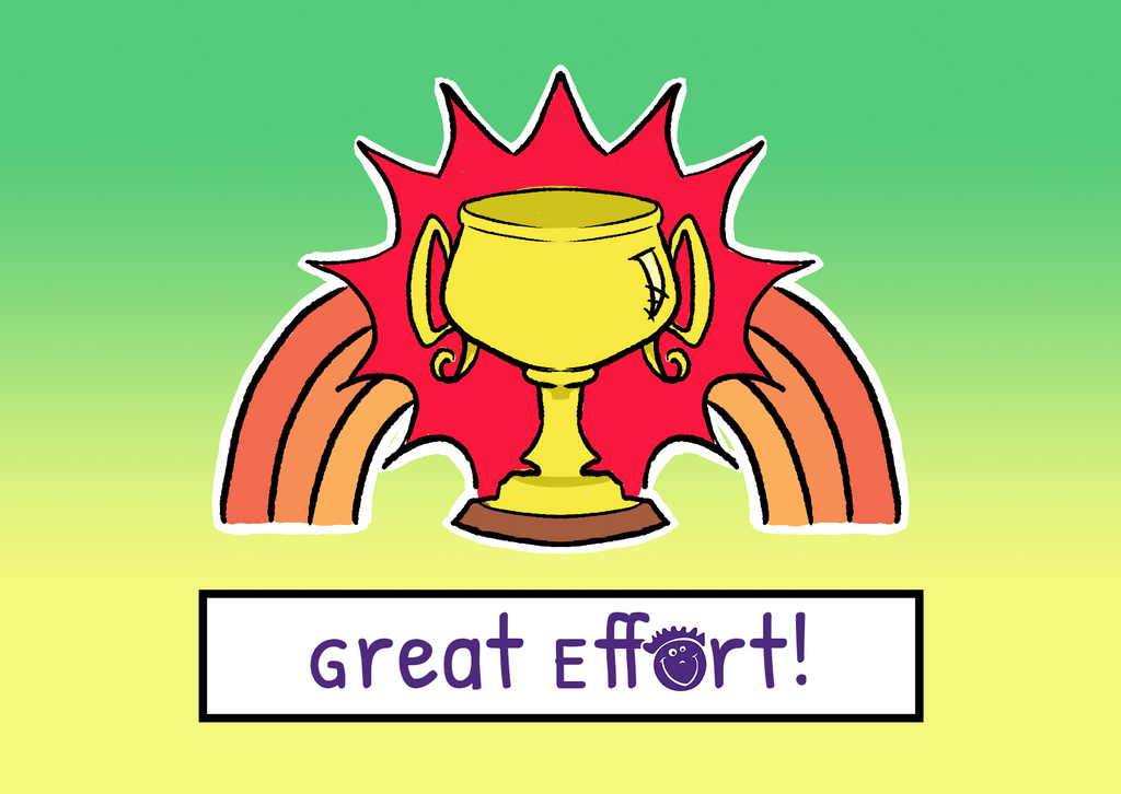 A golden cup styled as a trophy is shrouded with a red cartoon style explosion. The words "Great effort!" are styled below, and include the Rainbow Bridge Education face logo in purple, replacing the "O".