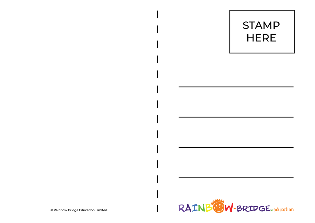 The back of the postcard is split into 2 sections by virtue of a vertical dashed line. The right side contains ample space for a postage stamp and solid lines to accommodate a handwritten address, with the Rainbow Bridge Education logo featured centrally at the foot of the card. The right side is blank, with the copyright information written in small text at the foot of the card.
